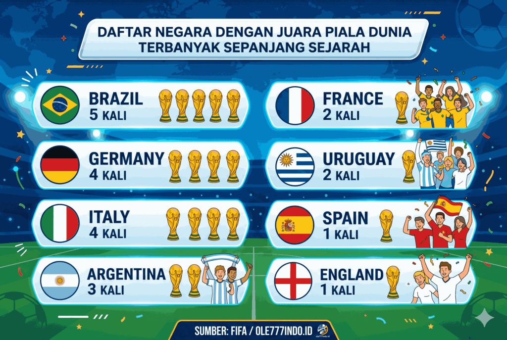 Daftar Negara dengan Juara Piala Dunia Terbanyak Sepanjang Sejarah