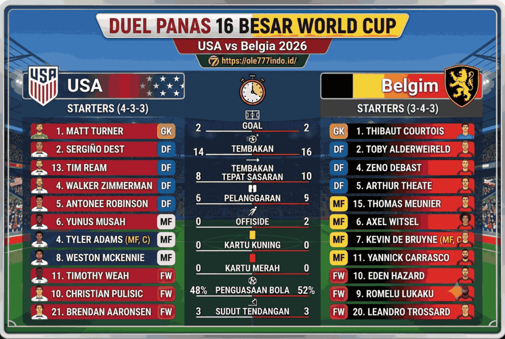 Prediksi USA vs Belgia 2026: Duel Panas 16 Besar World Cup